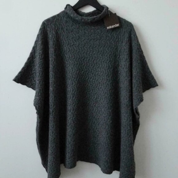 NWT ESKANDAR Grey Funnel Neck Half Cable 2 Ply Cashmere Poncho Sweater OS - Picture 6 of 7